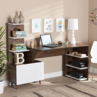 Baxton Studio SESD8012WI-ColumbiaWhite-Desk Baxton Studio Tobias Mid-Century Modern Two-Tone White and Walnut Brown Finished Wood Storage Computer Desk with Shelves